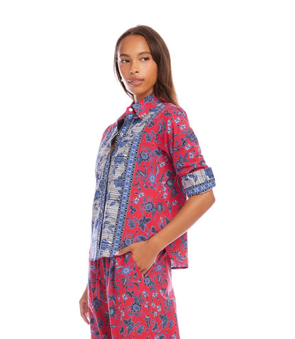 Ruched Sleeve Border Print Shirt