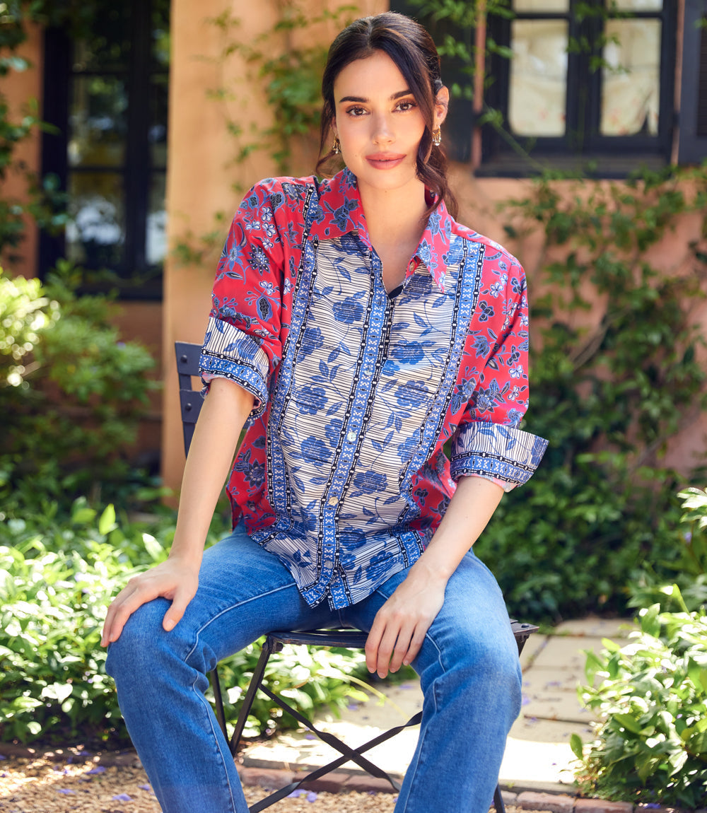 Ruched Sleeve Border Print Shirt