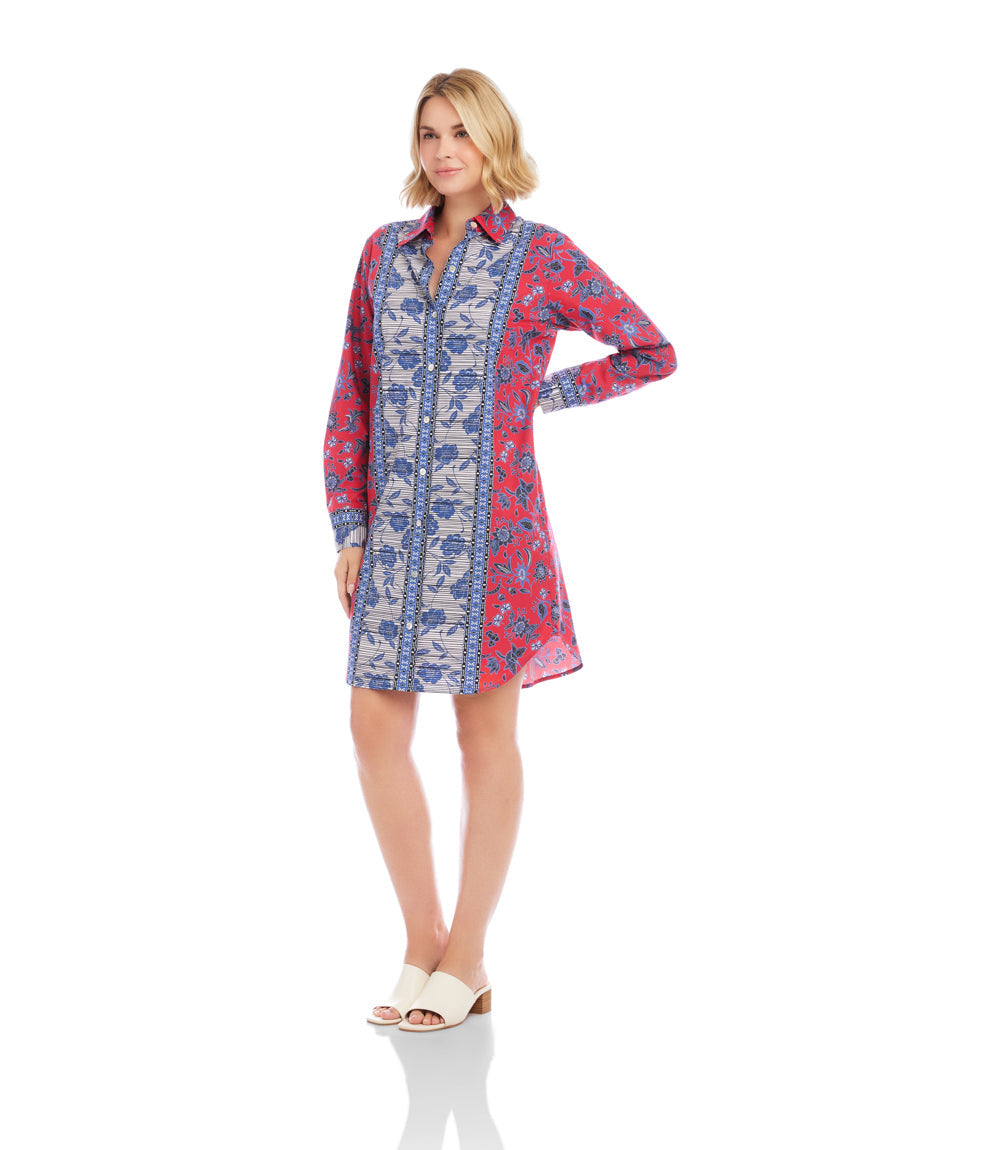 Long Sleeve Border Print Shirtdress