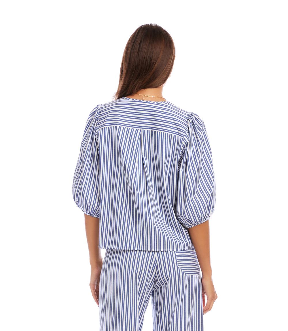 Stripe Puff Sleeve Button Front Top