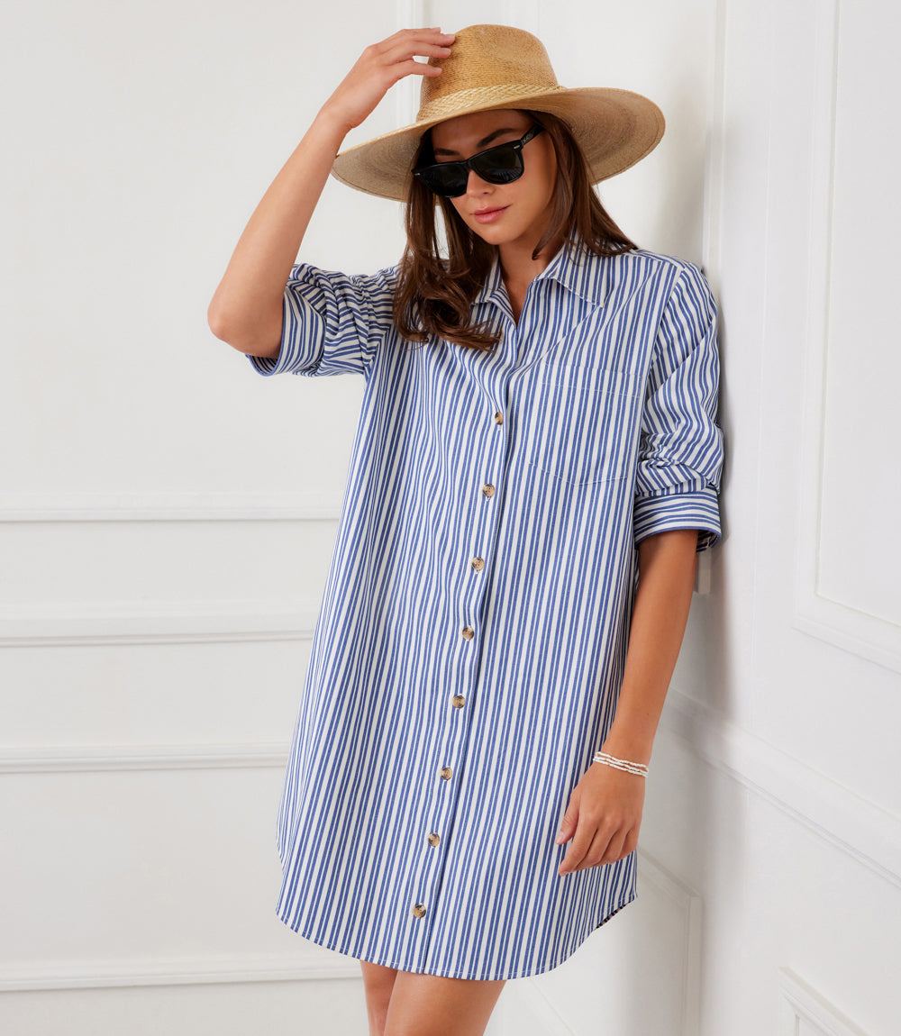 Stripe Ruched Sleeve Shirtdress