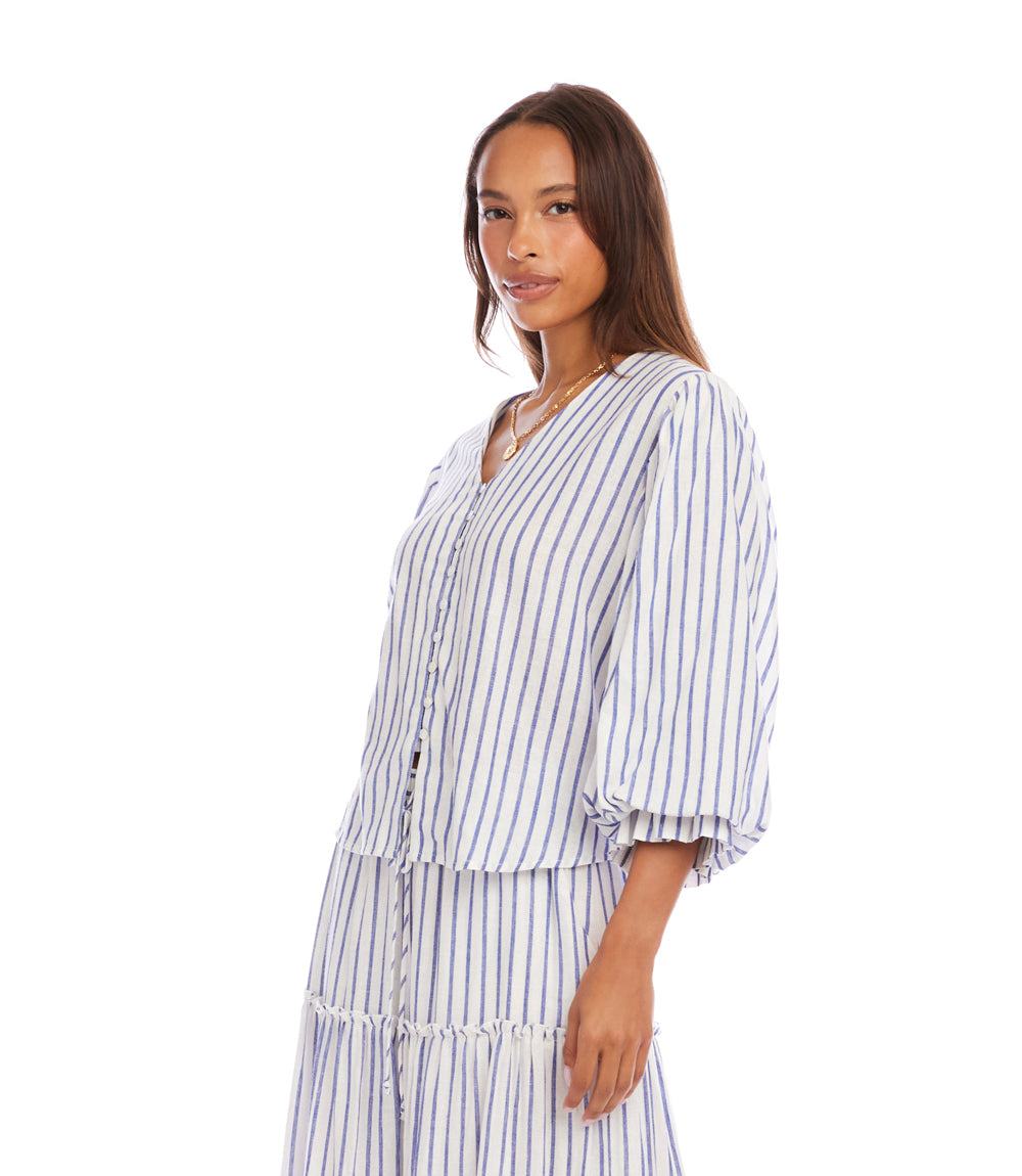 Stripe Layered Sleeve Shirred Blouse