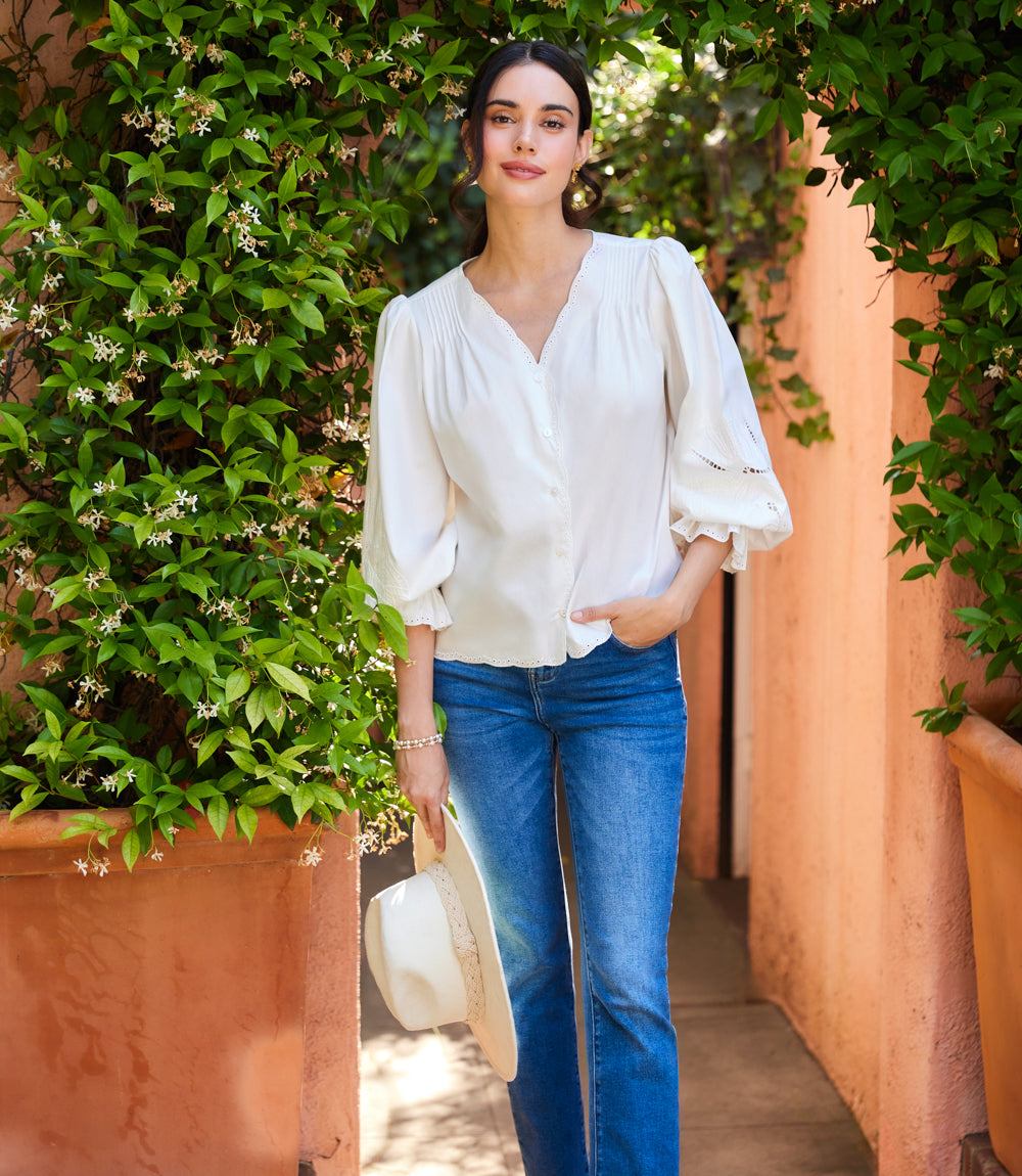 Embroidered Button-Front Top
