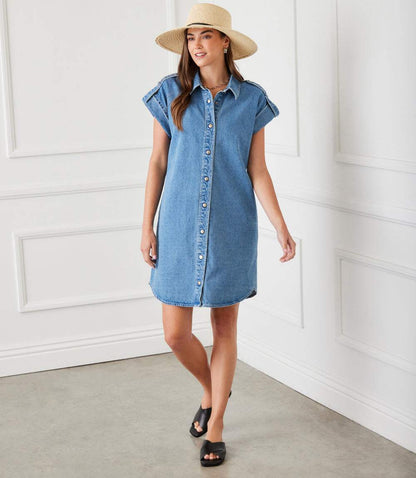 Cap Sleeve Denim Shirtdress