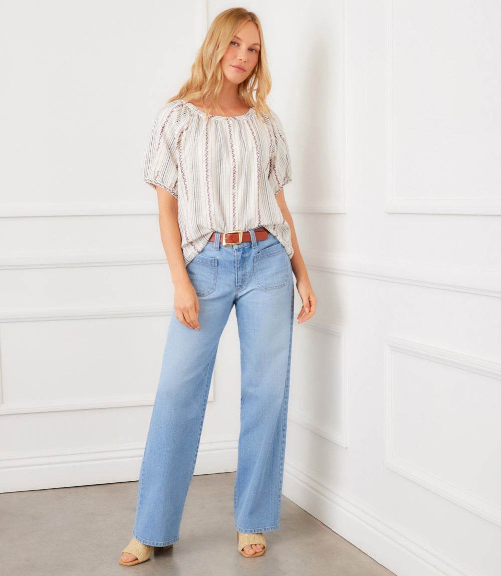 Stripe Puff Sleeve Embroidered Peasant Top