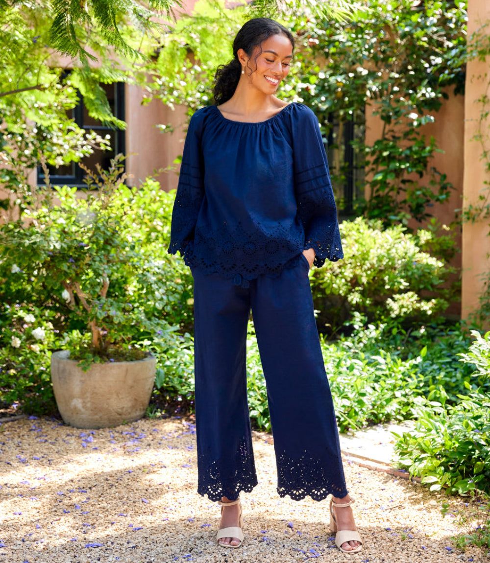 Flare Sleeve Embroidered Scallop Edge Peasant Top