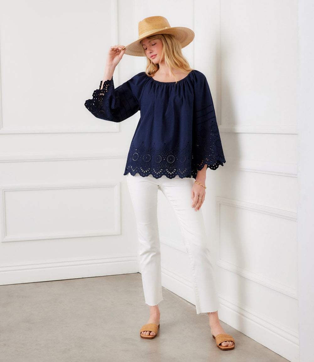 Flare Sleeve Embroidered Scallop Edge Peasant Top