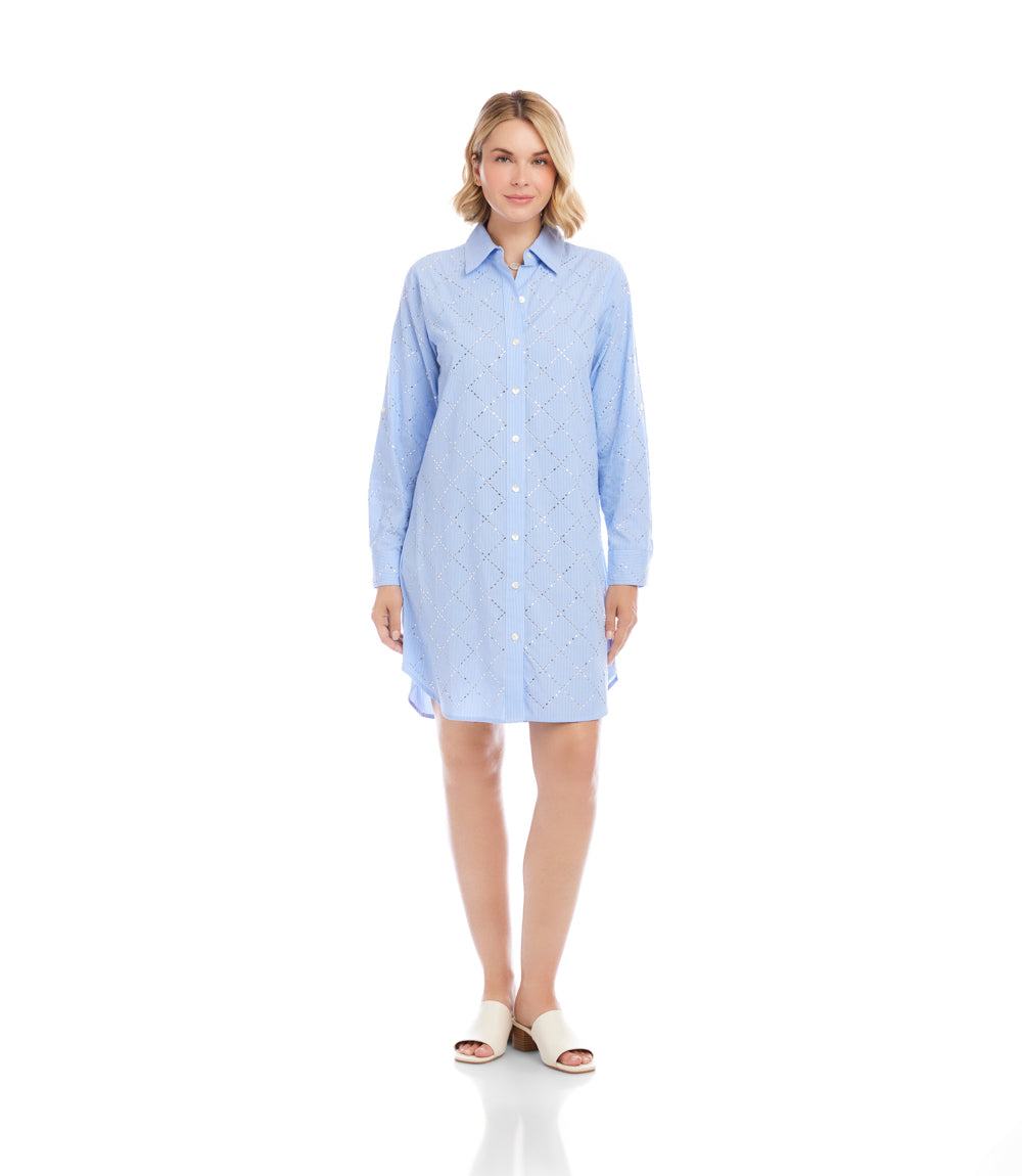 Stripe Roll-Tab Embellished Shirtdress
