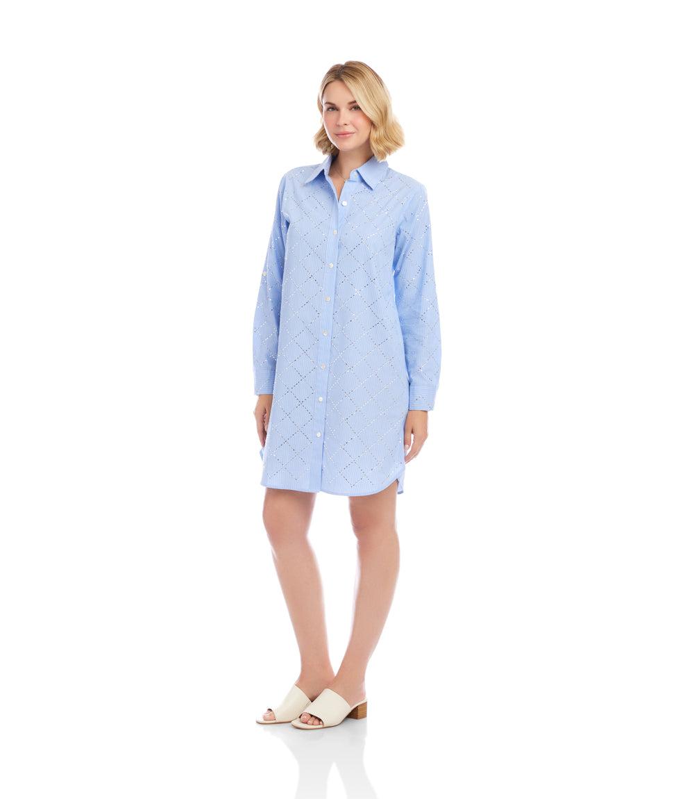 Stripe Roll-Tab Embellished Shirtdress