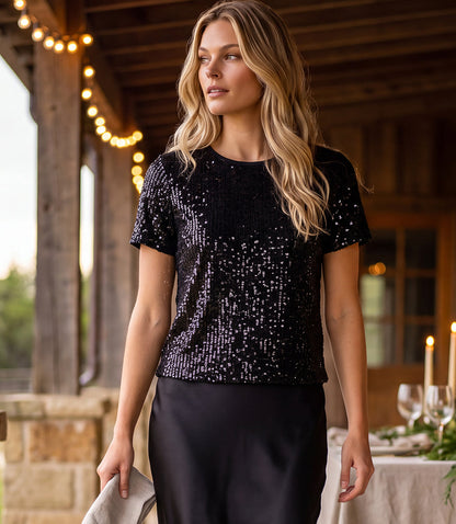 Velvet Short Sleeve Sequin Top