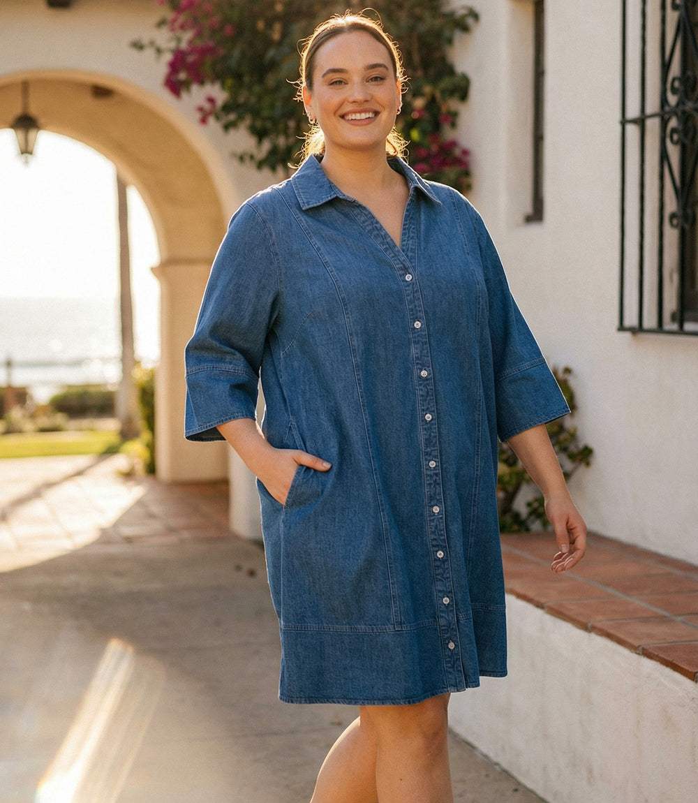 Plus Size Flare Sleeve Shirtdress