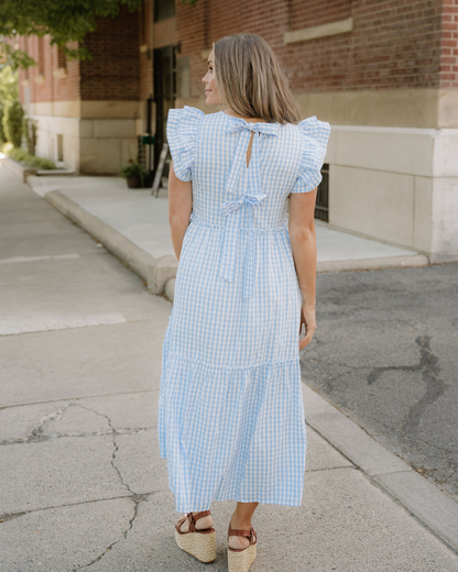 Gingham Knot Back Ruffled Maxi Dress