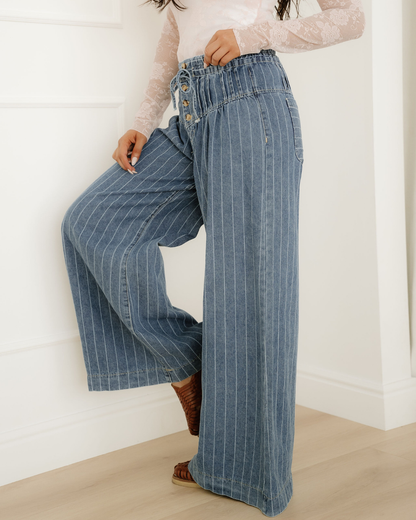 PREORDER - Cora Stripe Button Pleated Drawstring Waist Casual Wide Leg Jeans