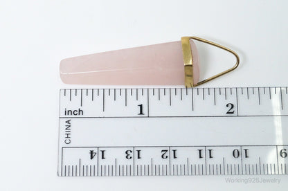 Large Vintage Rose Quartz Gold Wash Sterling Silver Necklace Pendant