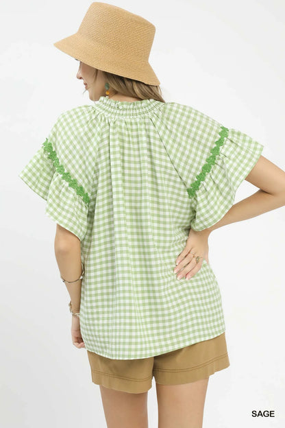 Umgee Gingham Lace Trim Top in Sage