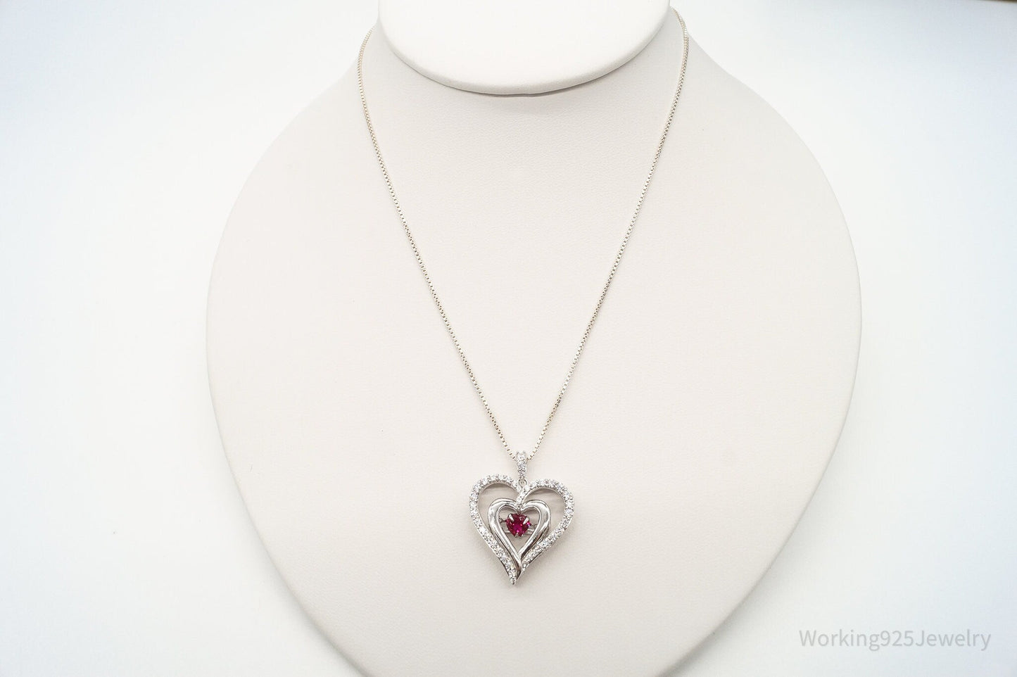 Vintage Designer SUN Ruby Cubic Zirconia Heart Sterling Silver Necklace