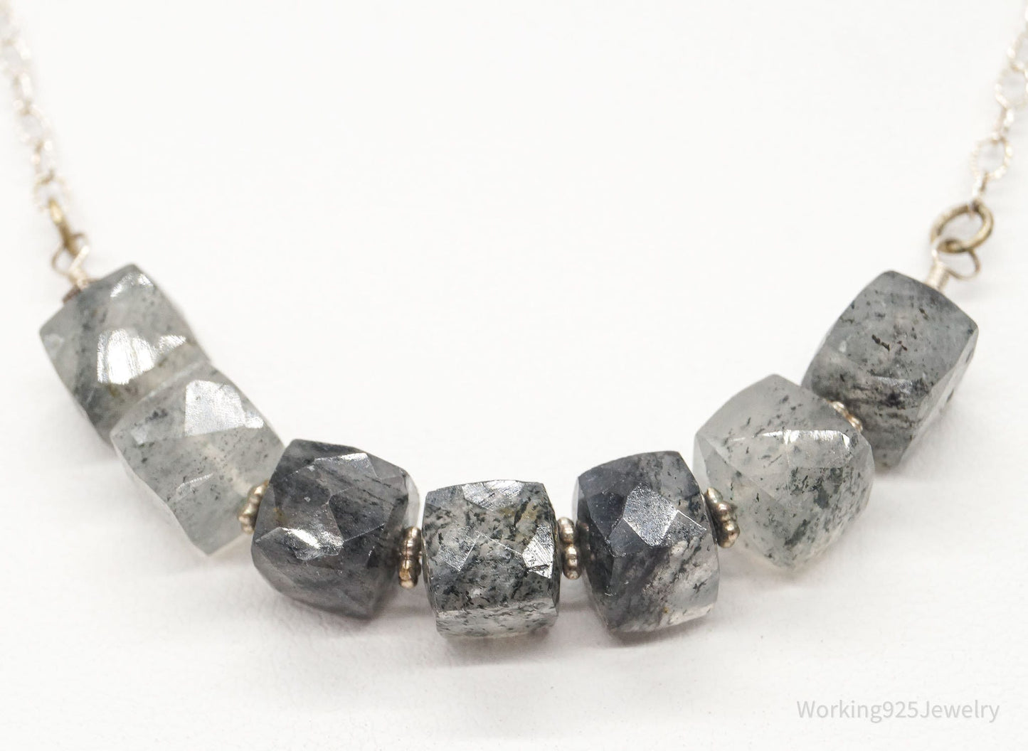 Vintage Spotted Quartz Bead Silver Chain Link Necklace
