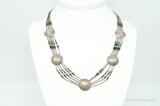 Vintage Native American Multi Gem Bead Kachina Sterling Silver Necklace