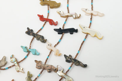 VTG Native America Fox Fetish Carved Multi Gem Sterling Silver Necklace