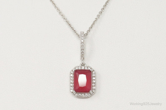 Vintage Art Deco Ruby Cubic Zirconia Sterling Silver Necklace