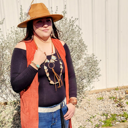 Aqua Terra Necklace w/ Hammered Copper Hoop Long Fringe 225o