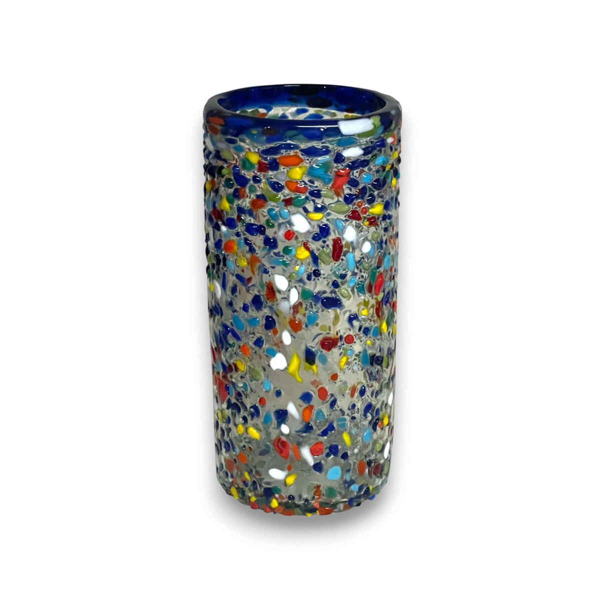 Blue Rim Confetti Pebbled Glass | Hand-Blown Mexican Tumbler
