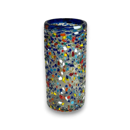 Blue Rim Confetti Pebbled Glass | Hand-Blown Mexican Tumbler