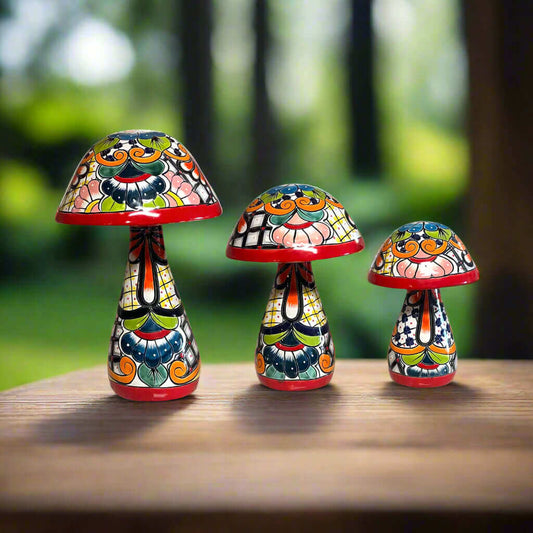 Talavera Mushroom Statue Set | Hand-Painted Mexican Garden Decor