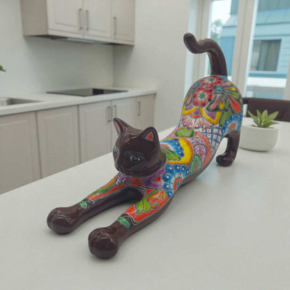 Talavera Stretching Cat Figurine | Multicolor Mexican Art