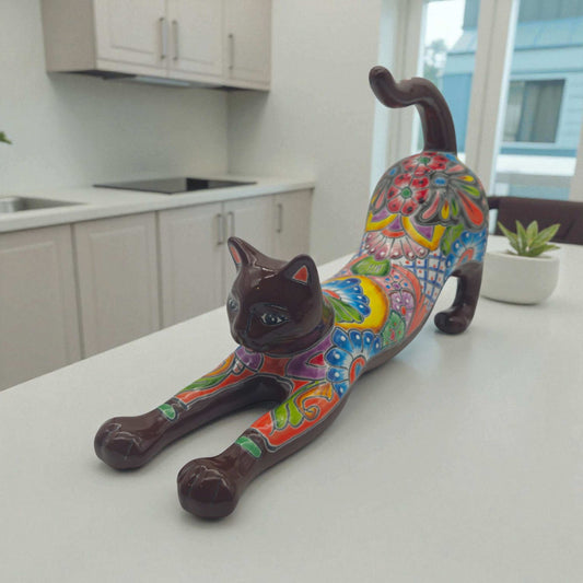 Talavera Stretching Cat Figurine | Multicolor Mexican Art