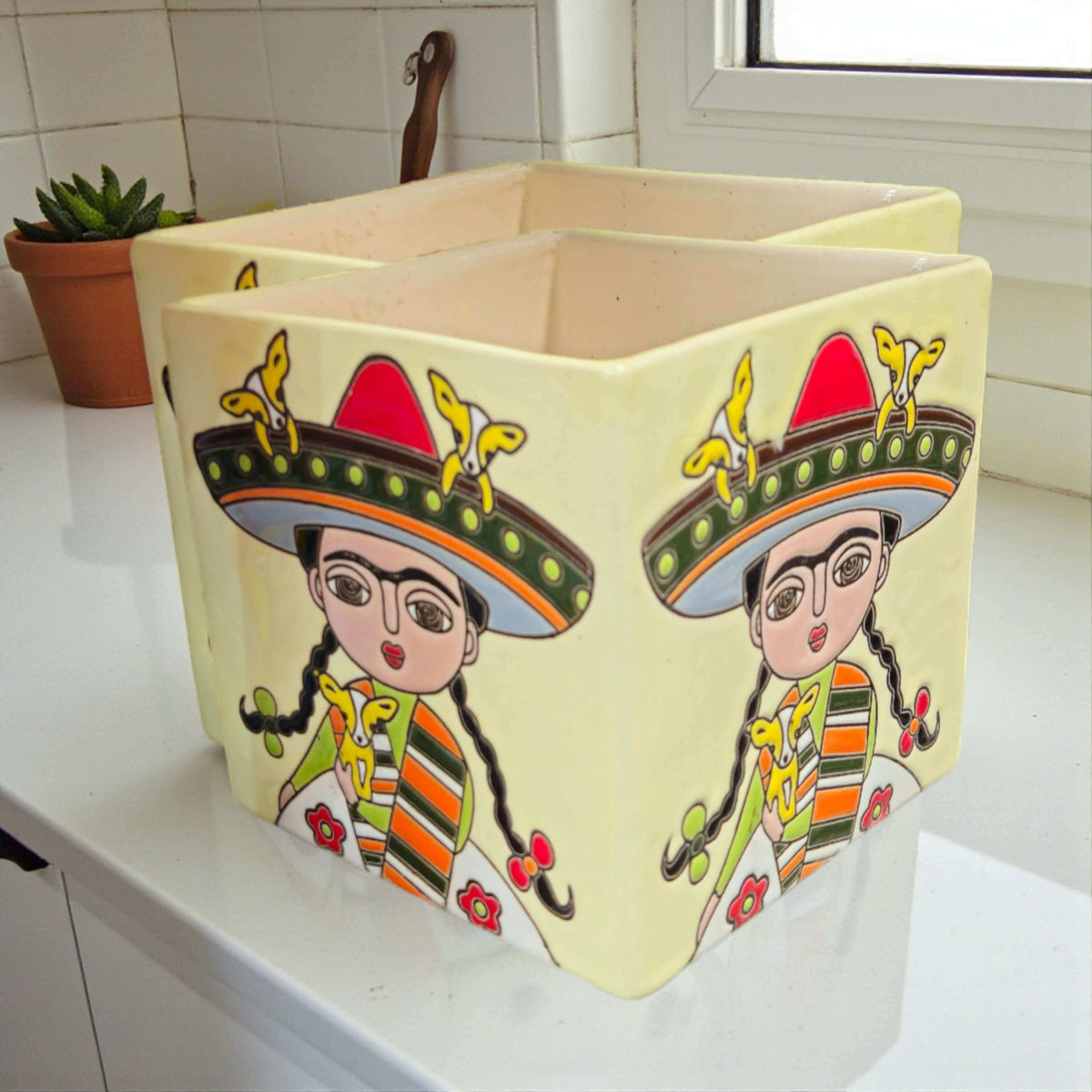 Hand-Painted Frida Kahlo Talavera Pot | Mexican Folk Art Planter
