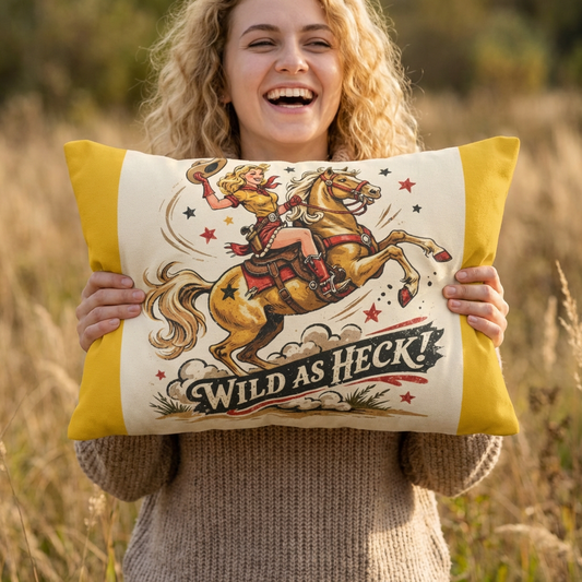 Wild As Heck Cowboy Lumbar Pillow — Retro Cowgirl Riding Horse Design