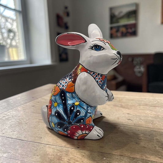 Talavera Bunny Statue | Colorful Hand-Painted Mexican Rabbit Decor