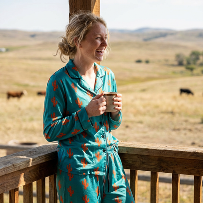 Women's Satin Pajama Set — Teal Retro Cat Pattern Loungewear