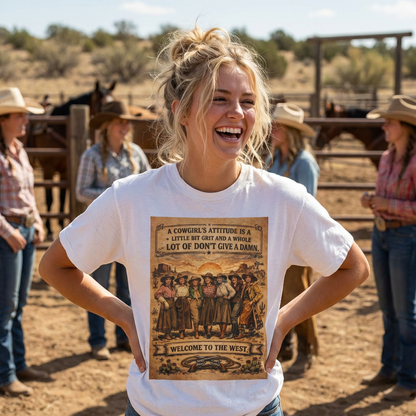 Cowgirl Attitude Graphic T-Shirt — "Welcome to the West" Vintage Western Tee