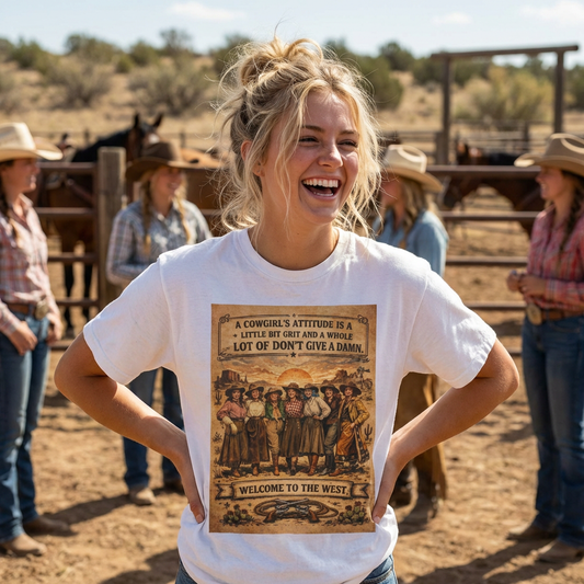 Cowgirl Attitude Graphic T-Shirt — "Welcome to the West" Vintage Western Tee