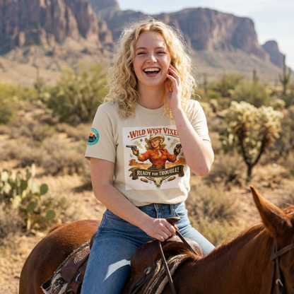 Wild West Vixen T‑Shirt — "Ready for Trouble" Retro Cowgirl Graphic