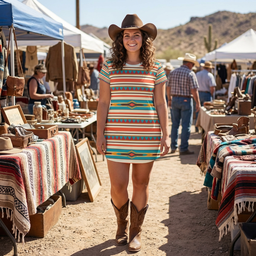 Southwestern Stripe T‑Shirt Dress — Colorful Aztec Boho AOP Dress