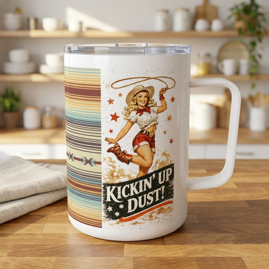 10oz Insulated Coffee Mug — Retro Southwest Stripe & 'Kickin' Up Dust' Cowgirl Design