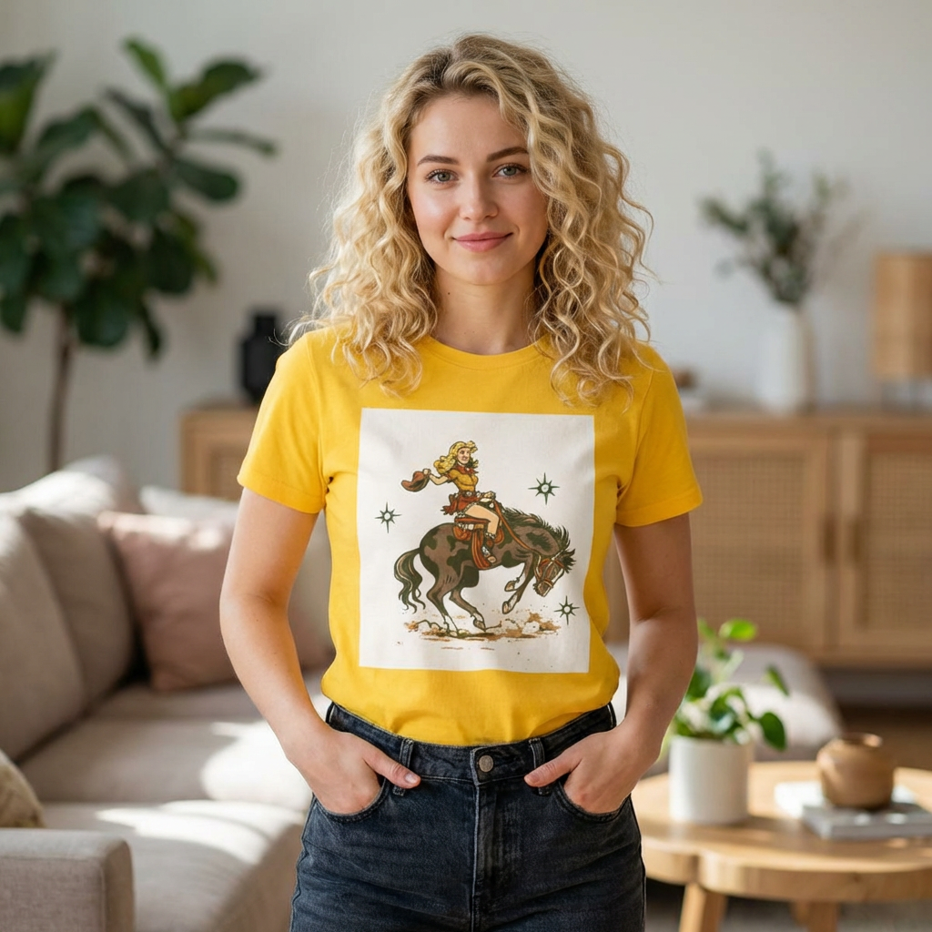 Western Cowgirl Riding Bucking Bronco T-Shirt — Vintage Rodeo Graphic Tee for Women