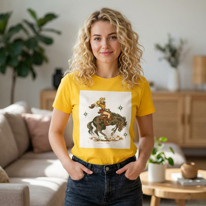 Western Cowgirl Riding Bucking Bronco T-Shirt — Vintage Rodeo Graphic Tee for Women