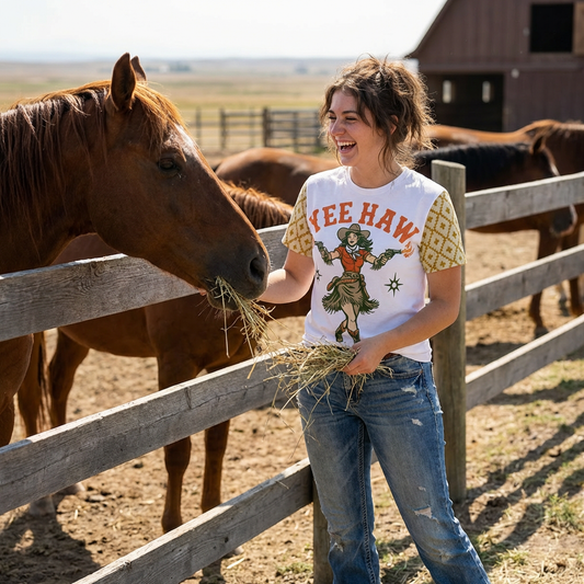 Cowgirl 'Yee Haw' Graphic Tee — Cowgirl Up Retro Western All-Over Print