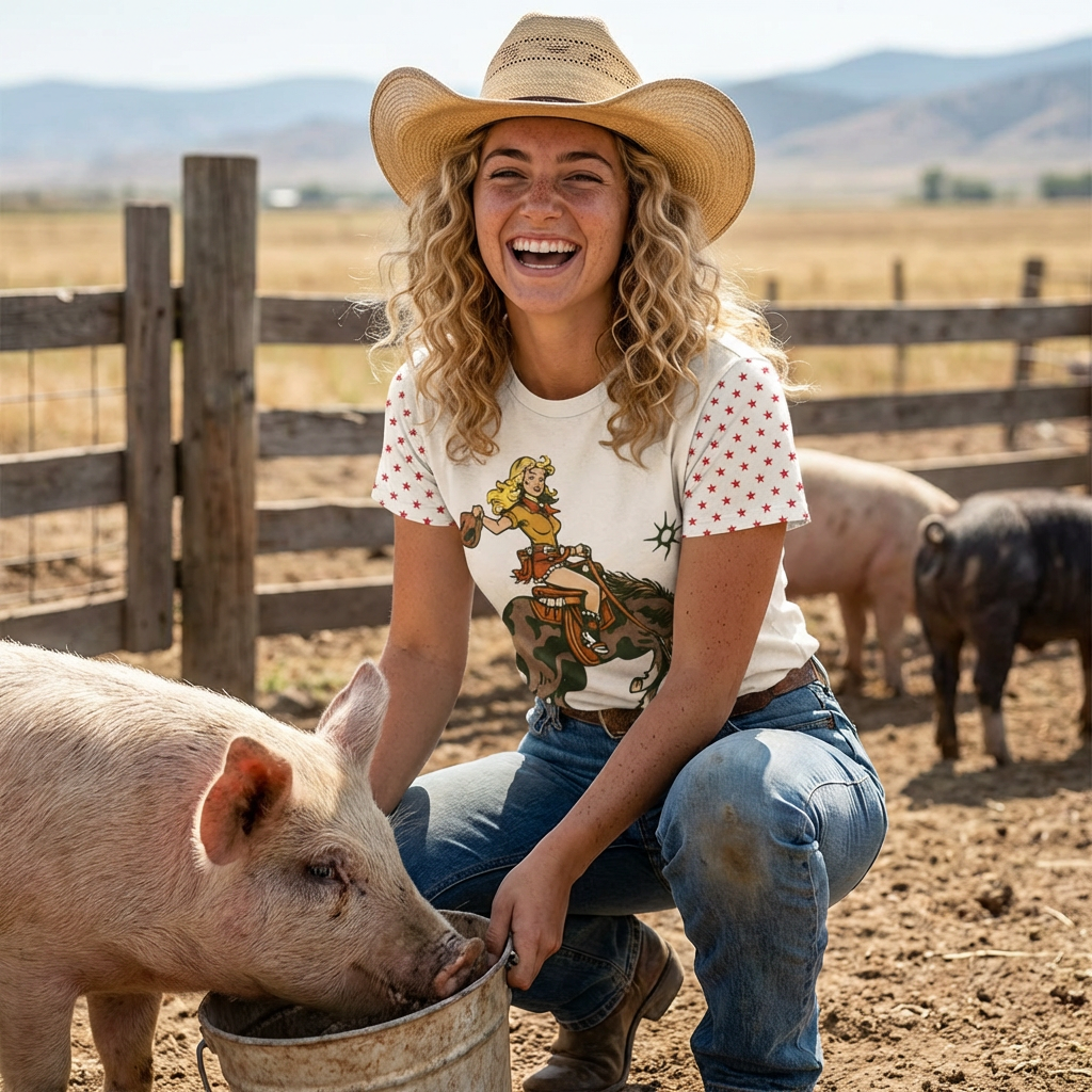 Cowgirl Retro Rodeo Tee — Vintage Bucking Bronco All-Over Print Shirt