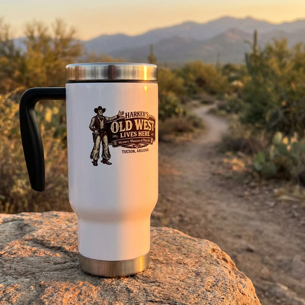 Harker's Old West Cowboy Travel Mug - 14oz Stainless Steel Tumbler with Handle