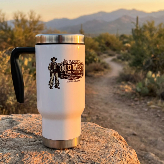 Harker's Old West Cowboy Travel Mug - 14oz Stainless Steel Tumbler with Handle