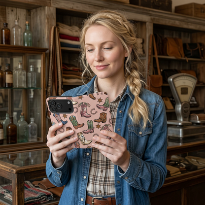 Western Boots Flip Wallet Phone Cases Pink