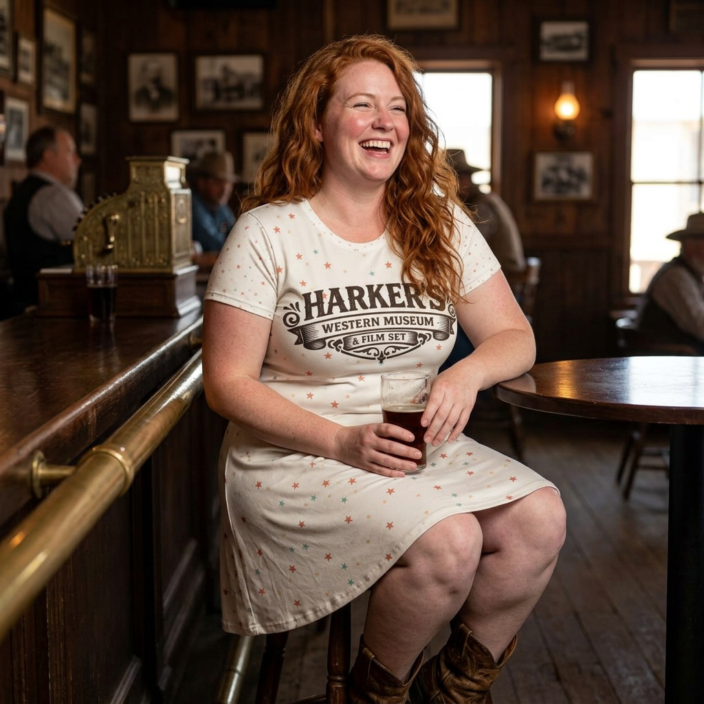Harker's Old West Lives Here T-Shirt Dress — Retro Cowgirl Stars Graphic