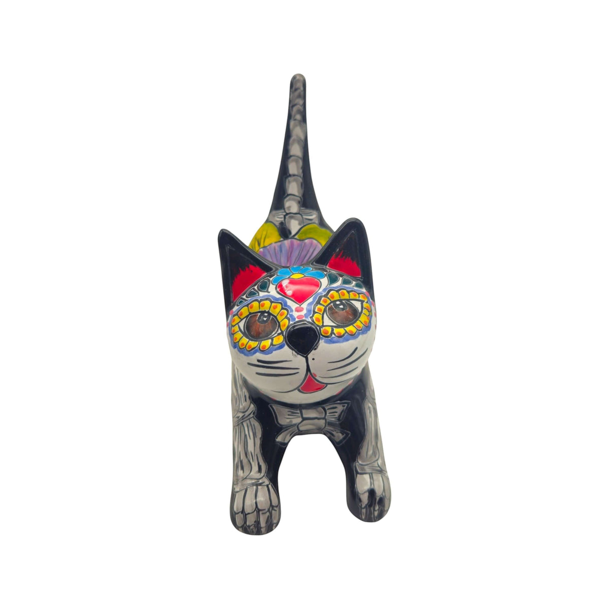 Talavera Stretching Cat Statue | Day of the Dead Floral Design