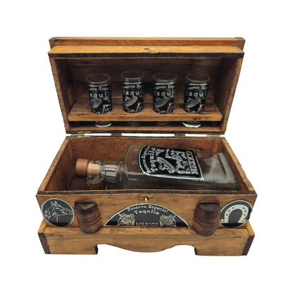Mexican Shot Glass & Decanter Set | Rustic Wooden Chest