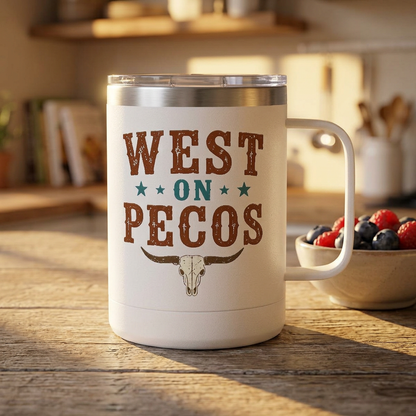 Western West on Pecos Coffee Mug — 15oz Rancher Travel Tumbler (No-Spill)